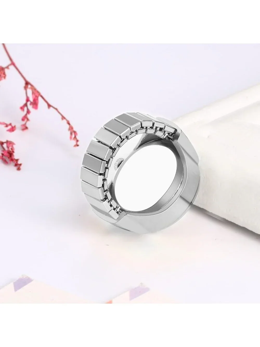 Women's Silver Quartz Stretchy Band Elastic Round Simple Dial Finger Ring Watch